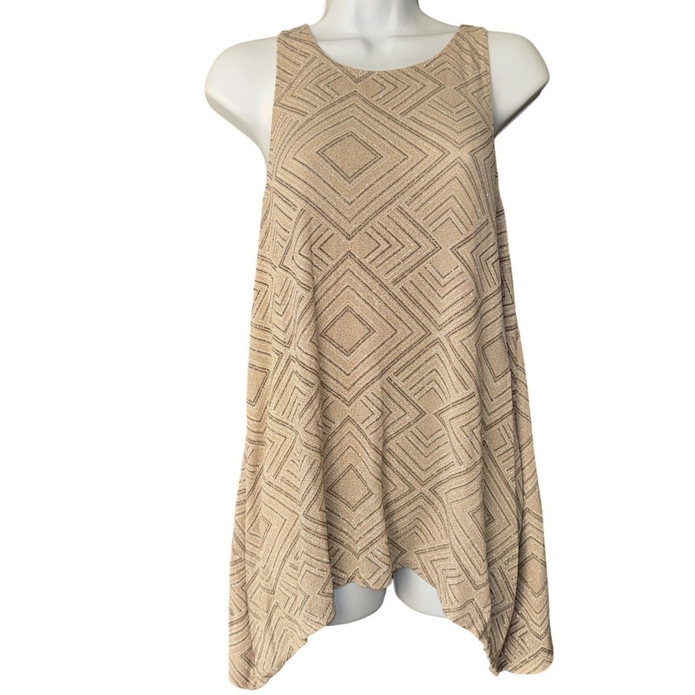 New York & Company Tank Top Women M Gold Sleeveless Geometric Handkerchief Hem